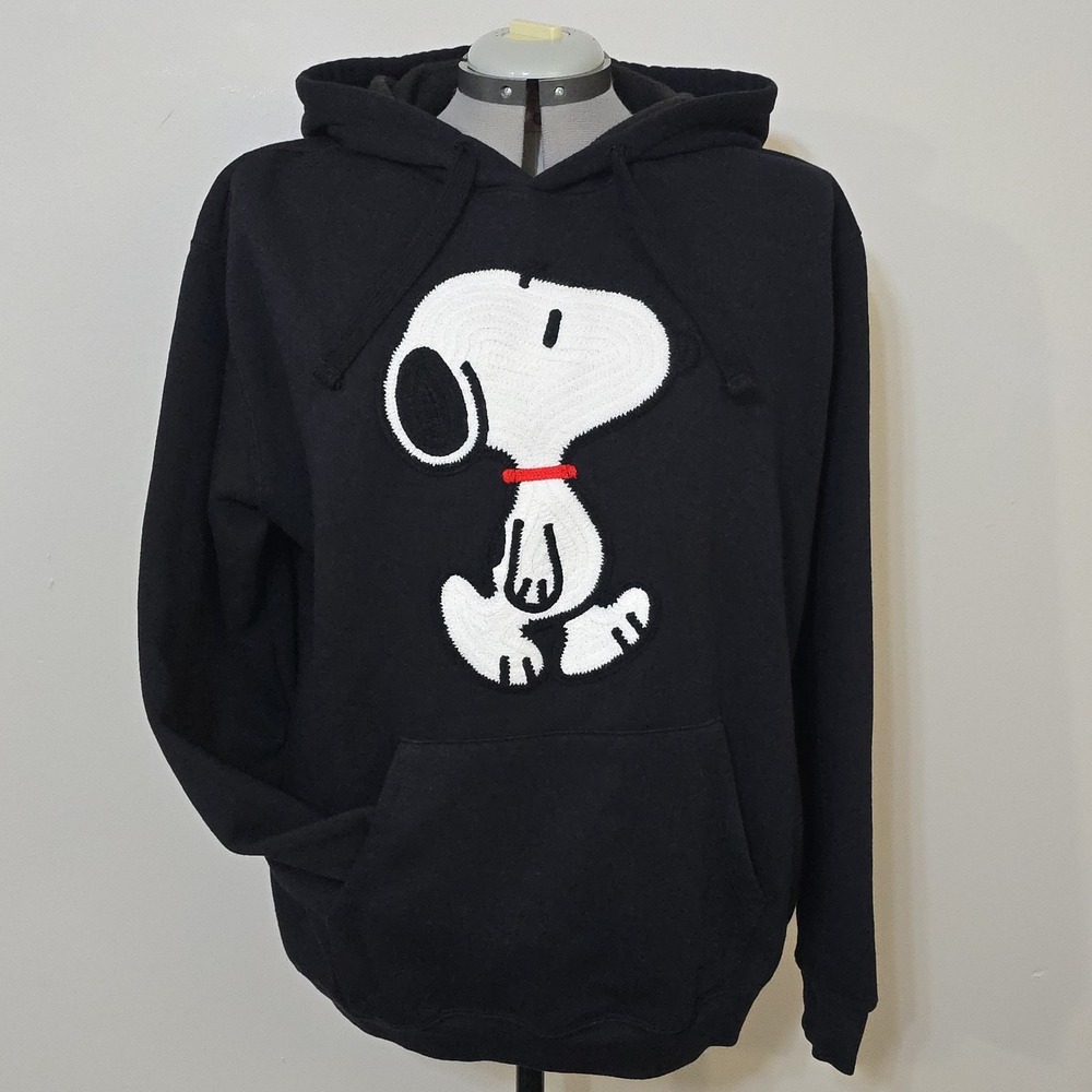 Peanuts Snoopy Black Hoodie Embroidered Crochet‎ Patch SoFt Modal Size 2XL EUC!